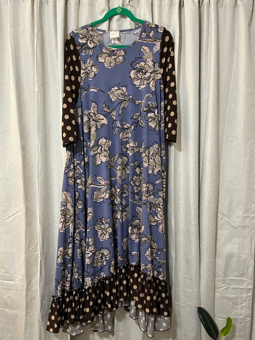 Blue Floral Midi Dress with Brown Polka-Dot Trim